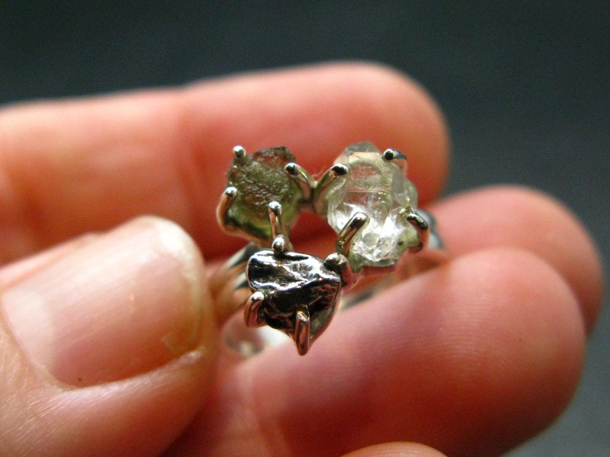 Moldavite Herkimer Meteorite Sterling Silver Ring From Czech Republic - Size 5 - 3.46 Grams