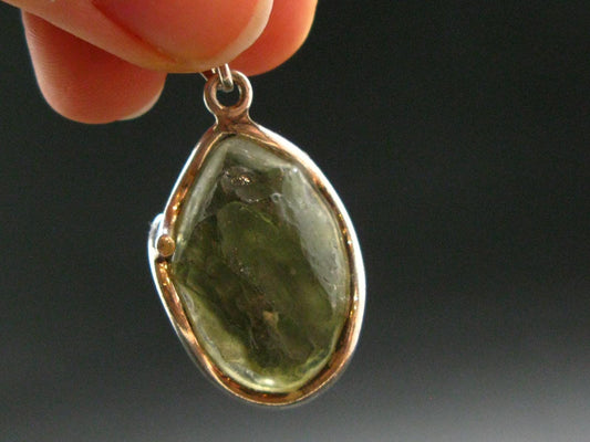 Moldavite Tektite Silver Clover Pendant from Czech Republic - 1.4" - 5.59 Grams