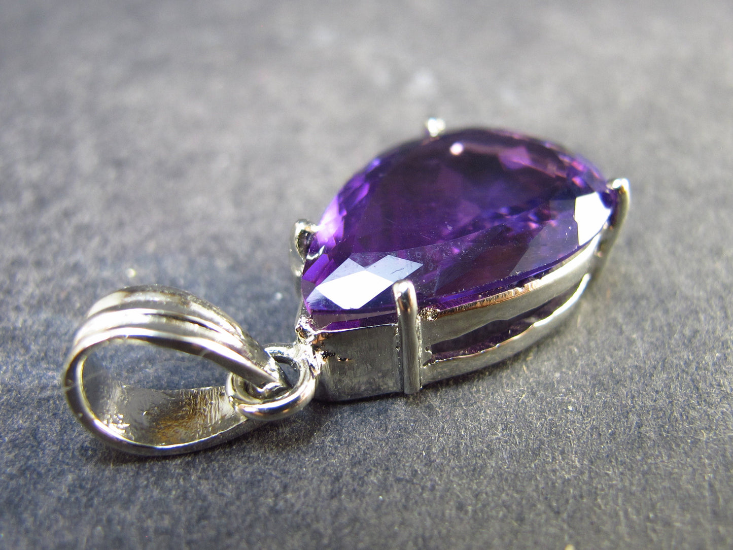 Large Genuine Rich Purple Faceted Amethyst Sterling Silver Pendant From Brazil - 1.2" - 4.65 Grams