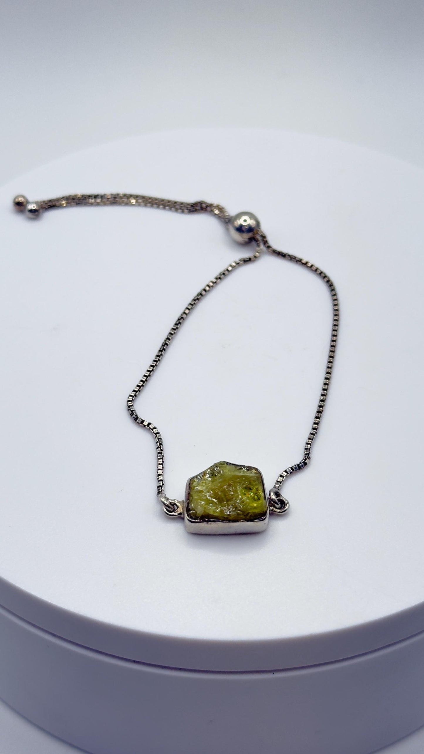 Raw Chrysoberyl Adjustable Bracelet Yellow Green Gemstone Silver Crystal Bracelet