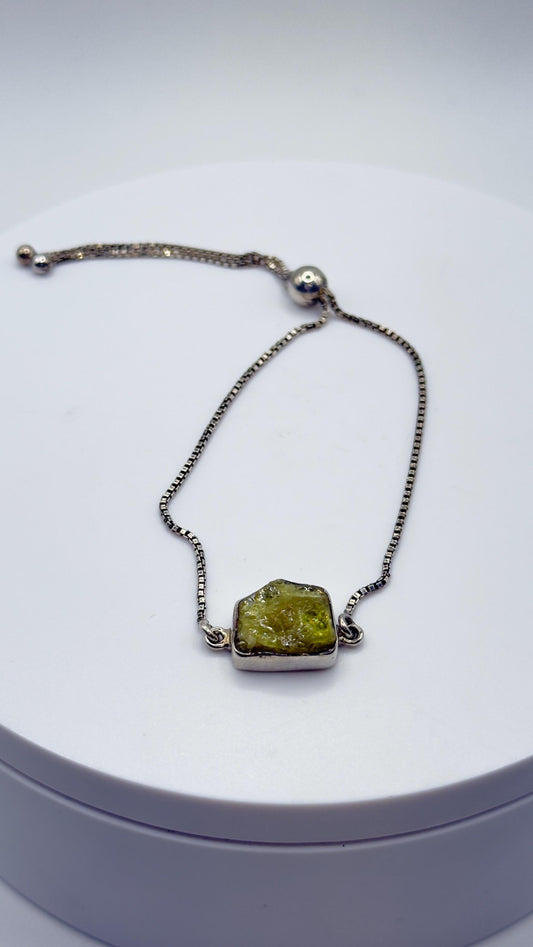 Raw Chrysoberyl Adjustable Bracelet Yellow Green Gemstone Silver Crystal Bracelet