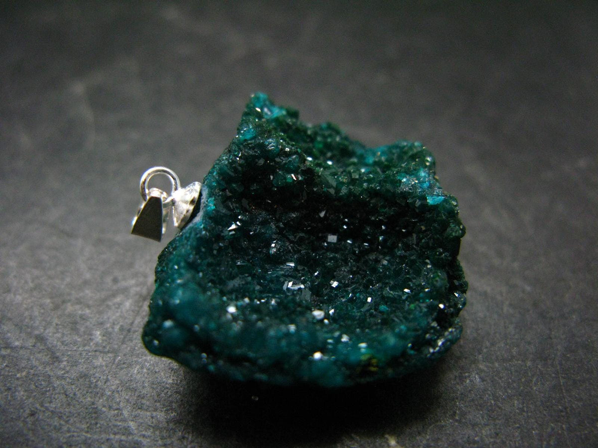 Dioptase Crystal Silver Pendant from Congo - 6.03 Grams - 1.1"