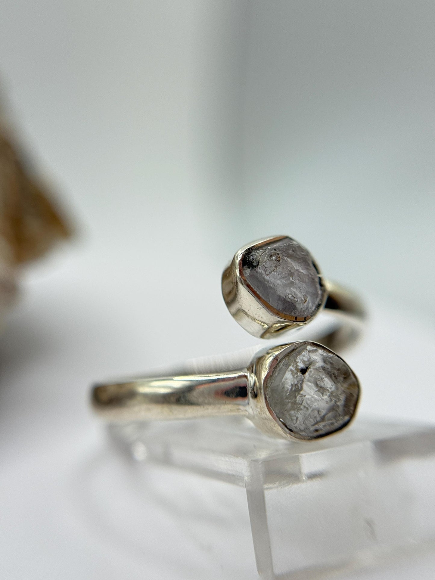 Raw Herderite Double Stone Sterling Silver Wrap Ring - SIZE 9