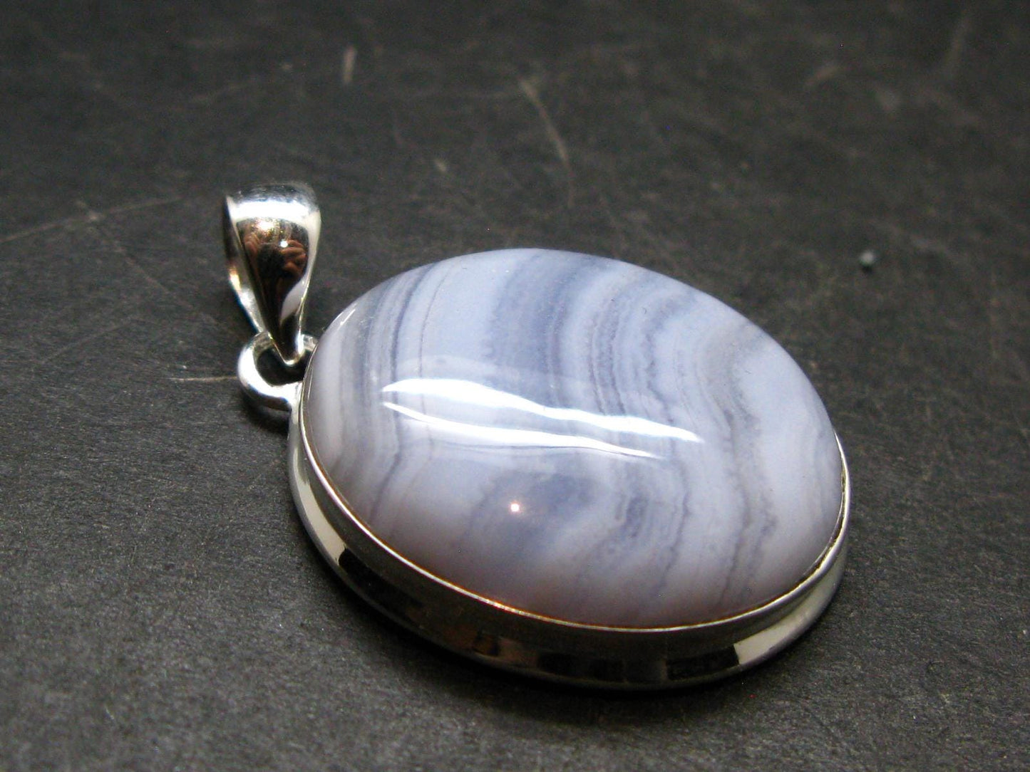 Rare Blue Lace Holly Chalcedony Agate Silver Plated Pendant From Malawi - 1.5" - 8.55 Grams