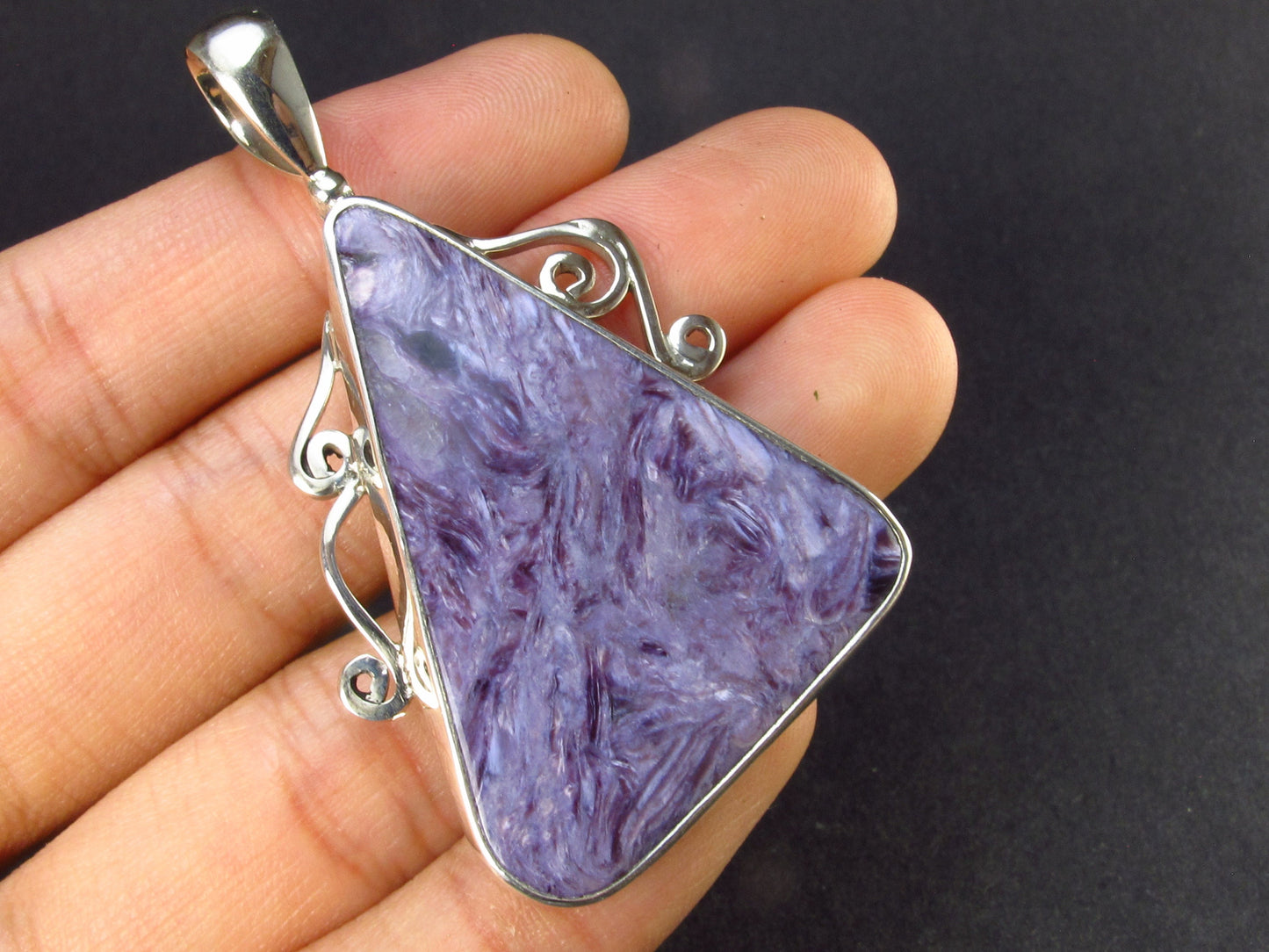 Lilac Stone!!! Stunning Silky Charoite Sterling Silver Pendant From Russia - 2.2" - 13.7 Grams
