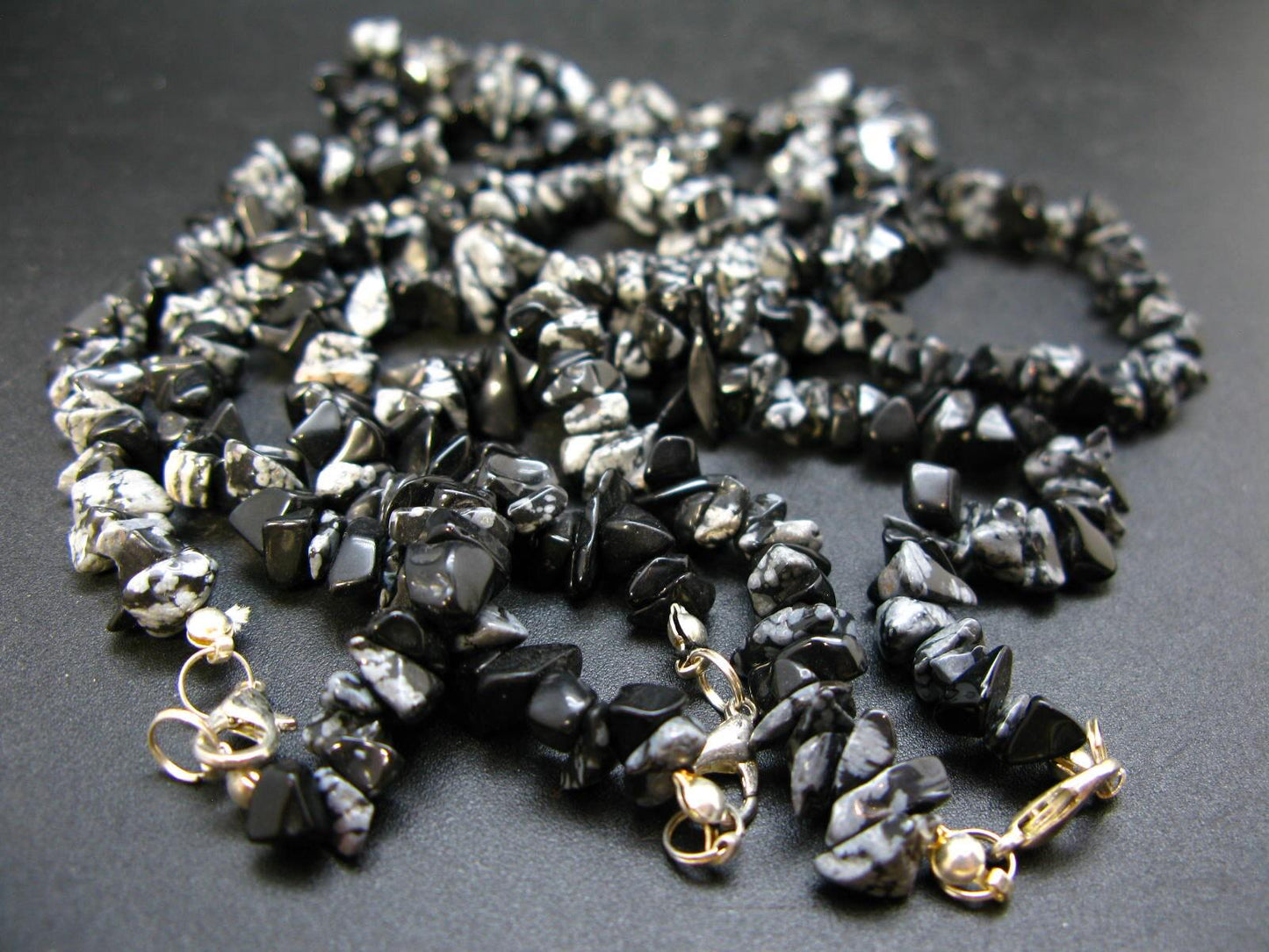 Set of Three Natural Snowflake Obsidian Free Form Bead Necklace from USA - 17.5'' Each
