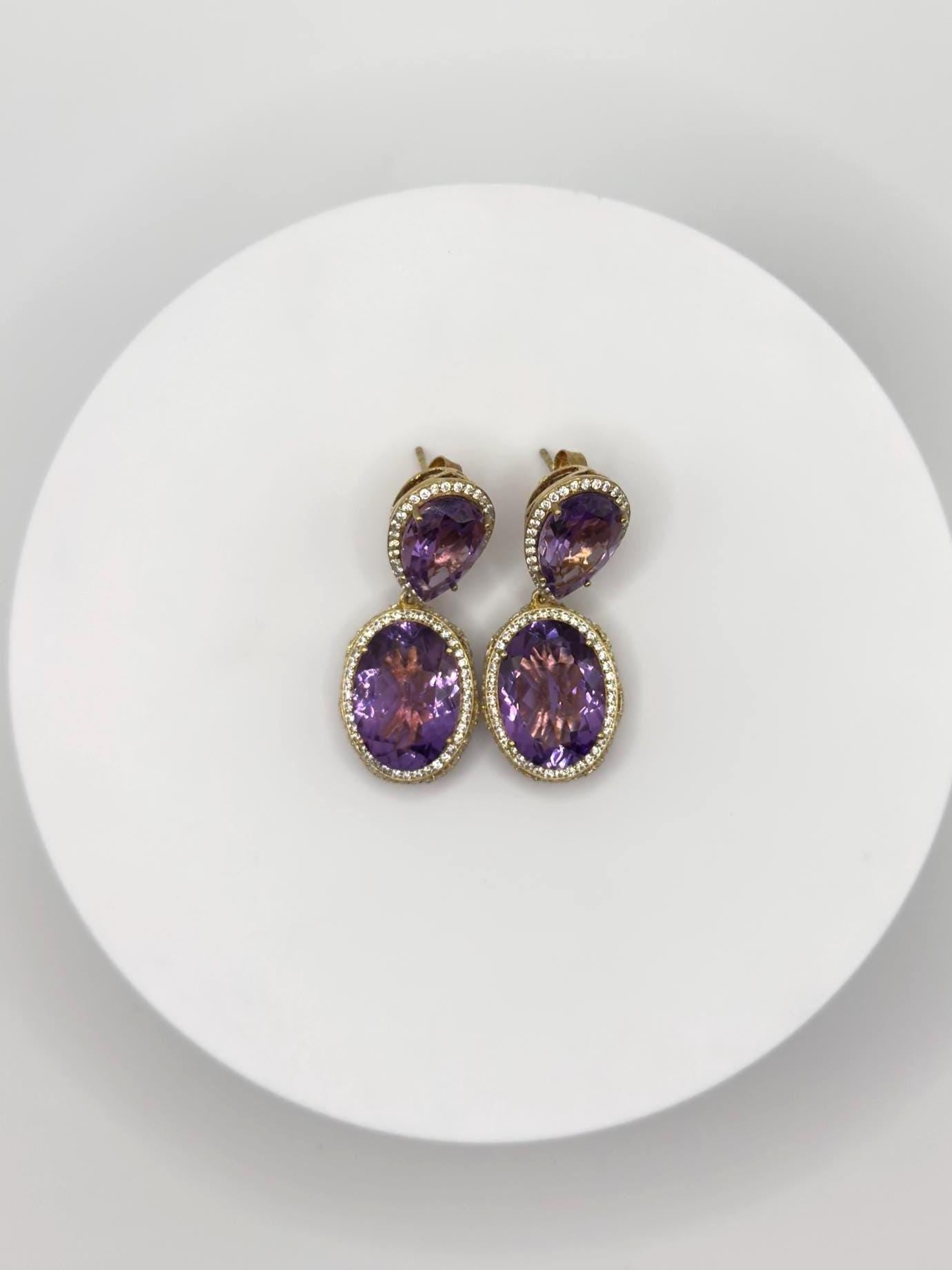Bold Amethyst Statement Earrings – Double Drop Gold Plated with Pavé Halo - Weight 20.34 Grams