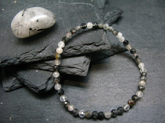 Tourmalinated Quartz w/ Black Tourmaline Genuine Bracelet ~ 7 Inches ~ 4mm Facetted Beads