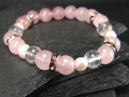 Rose Quartz Pearls & Quartz Genuine Bracelet ~ 7 Inches ~ 6-8mm Round Beads