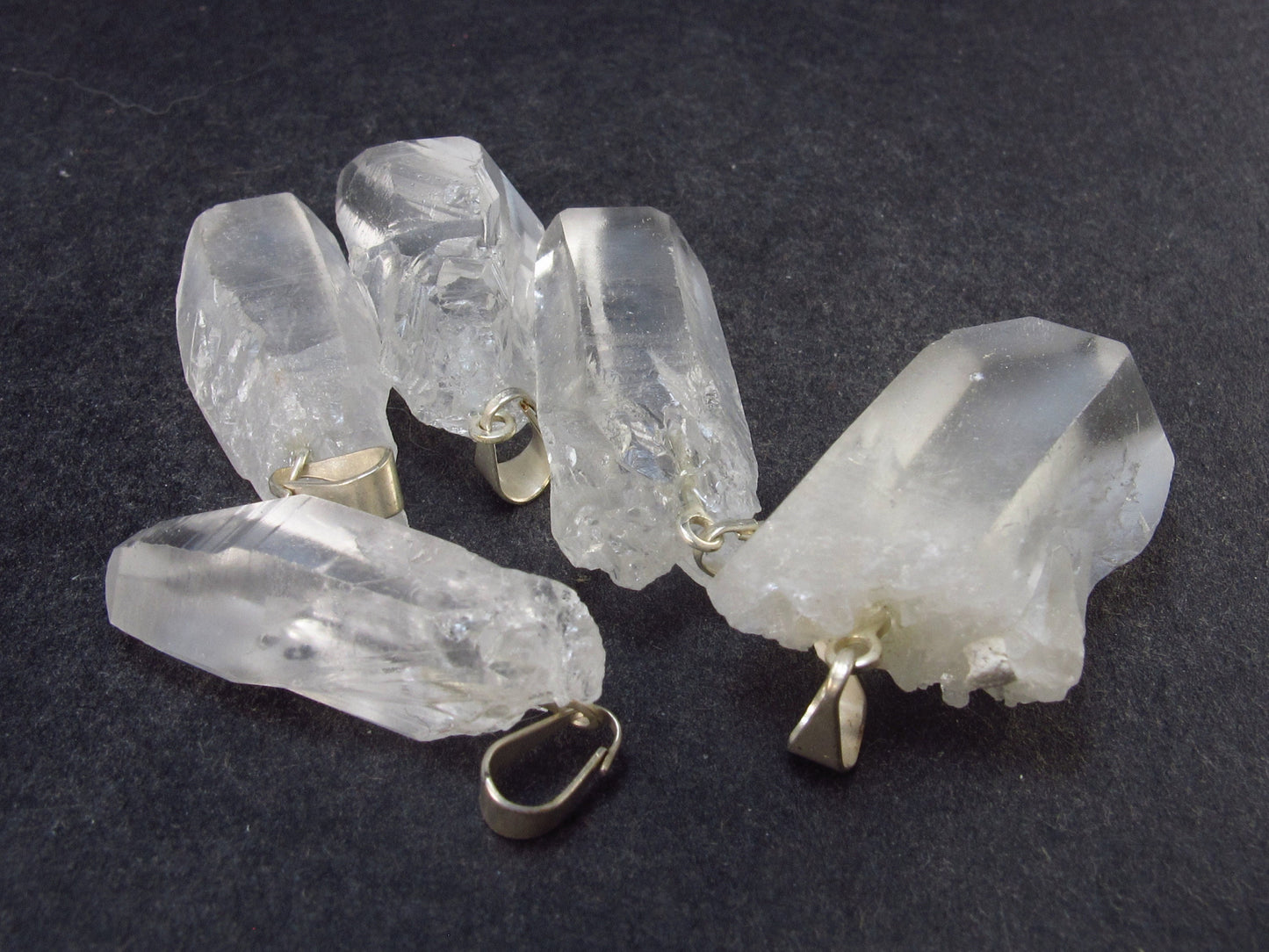 Set of 5 Natural Clear Quartz Crystal Pendants From Brazil