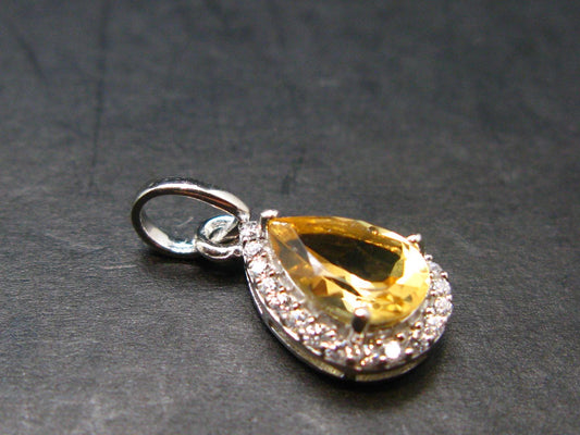 Yellow Citrine Gem Facetted Sterling Silver Pendant From Brazil With CZ - 0.7" - 1.10 Grams