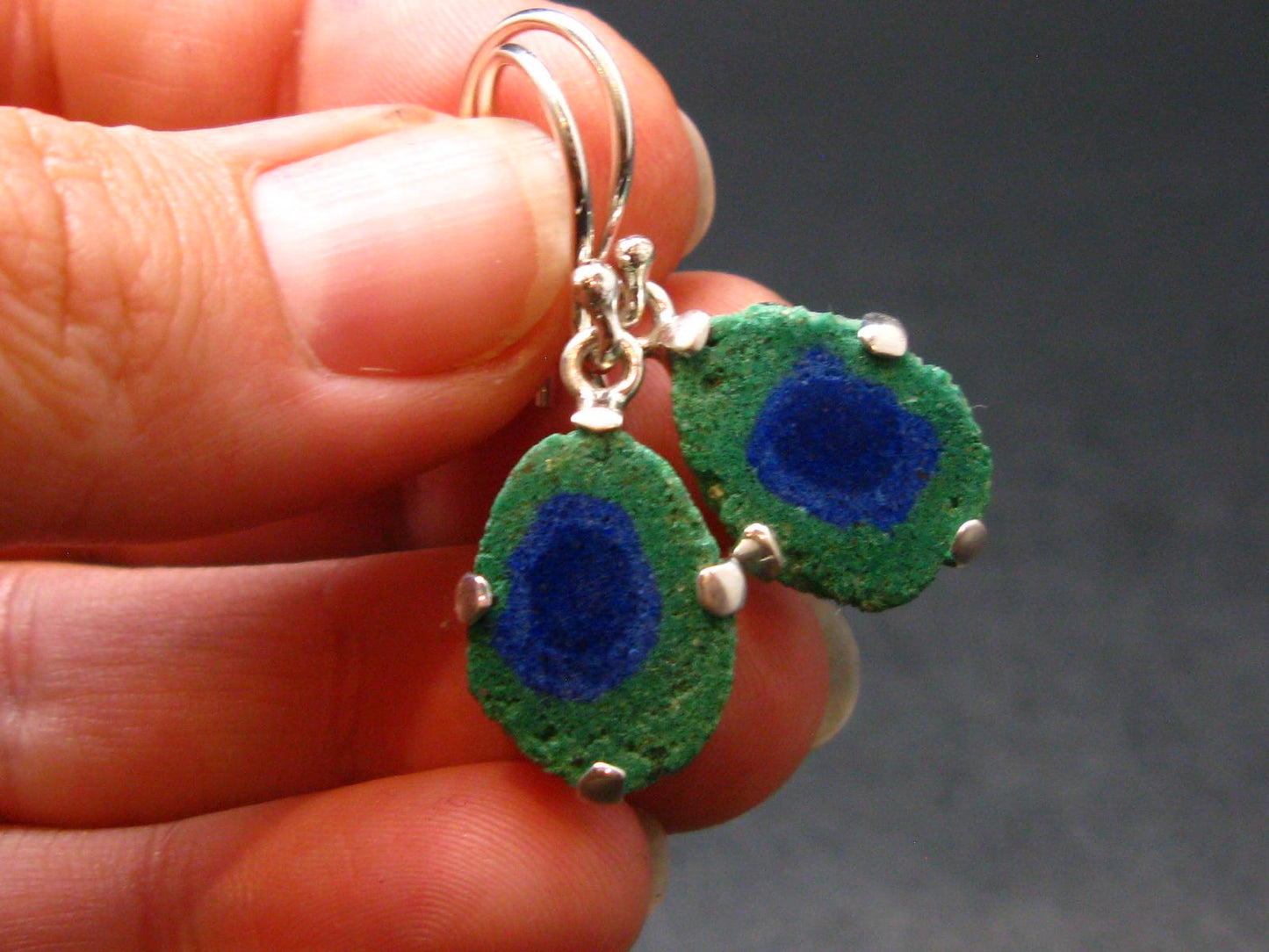 Natural Raw Deep Blue Azurite with Green Malachite Earrings In Sterling Silver From Mexico - 1.3"