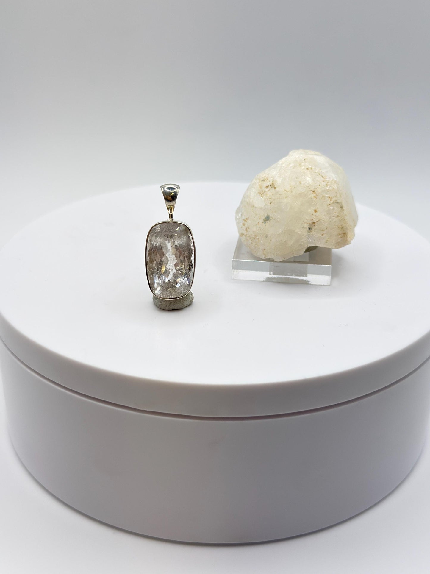 Natural Phenakite (Phenacite) Rectangular Faceted Pendant in Sterling Silver – Clear Crystal Necklace – 4.83 Grams