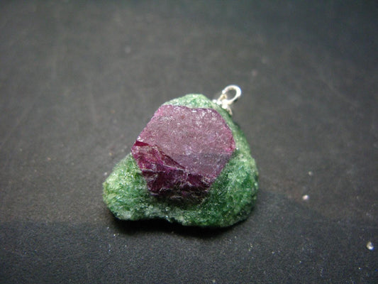 Rare Ruby In Zoisite Crystal Silver Pendant from India - 1.1"
