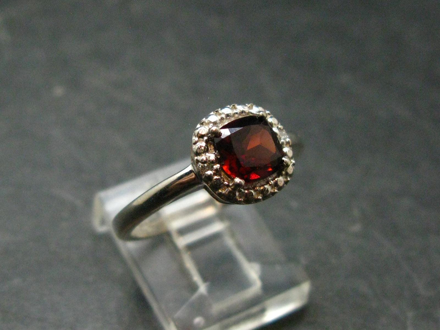 Red Garnet Rhodium Plated Sterling Silver Ring with CZ - Size 8 - 2.47 Grams