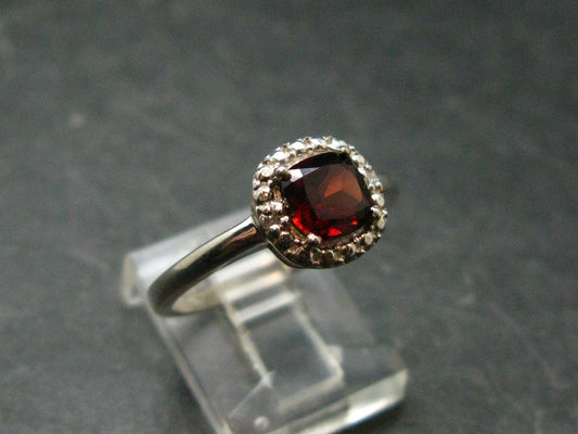 Red Garnet Rhodium Plated Sterling Silver Ring with CZ - Size 8 - 2.47 Grams