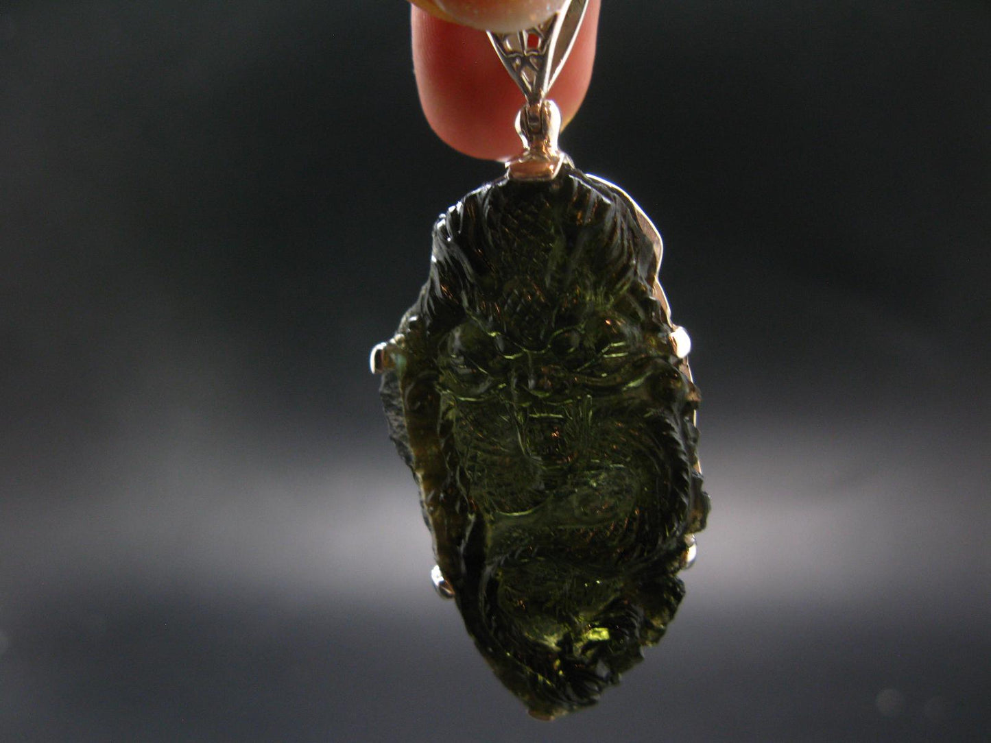Moldavite Tektite Silver Dragon Pendant from Czech Republic - 2.4" - 11.78 Grams