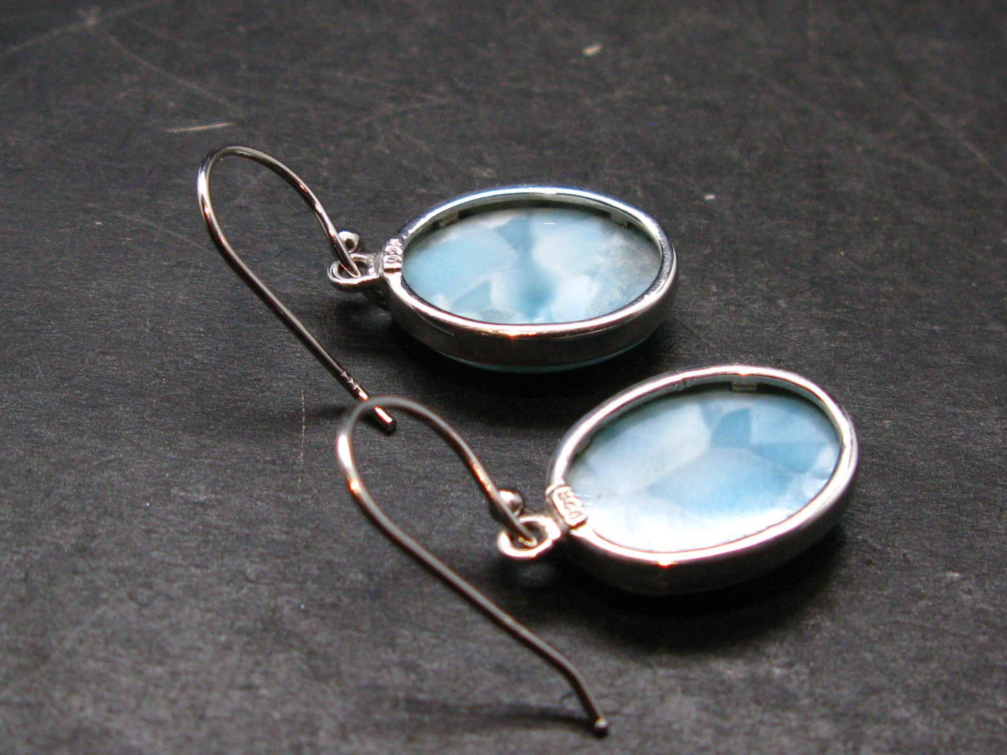 Natural Cabochon Larimar Pectolite 925 Sterling Silver Earrings from Dominican Republic - 4.58 Grams