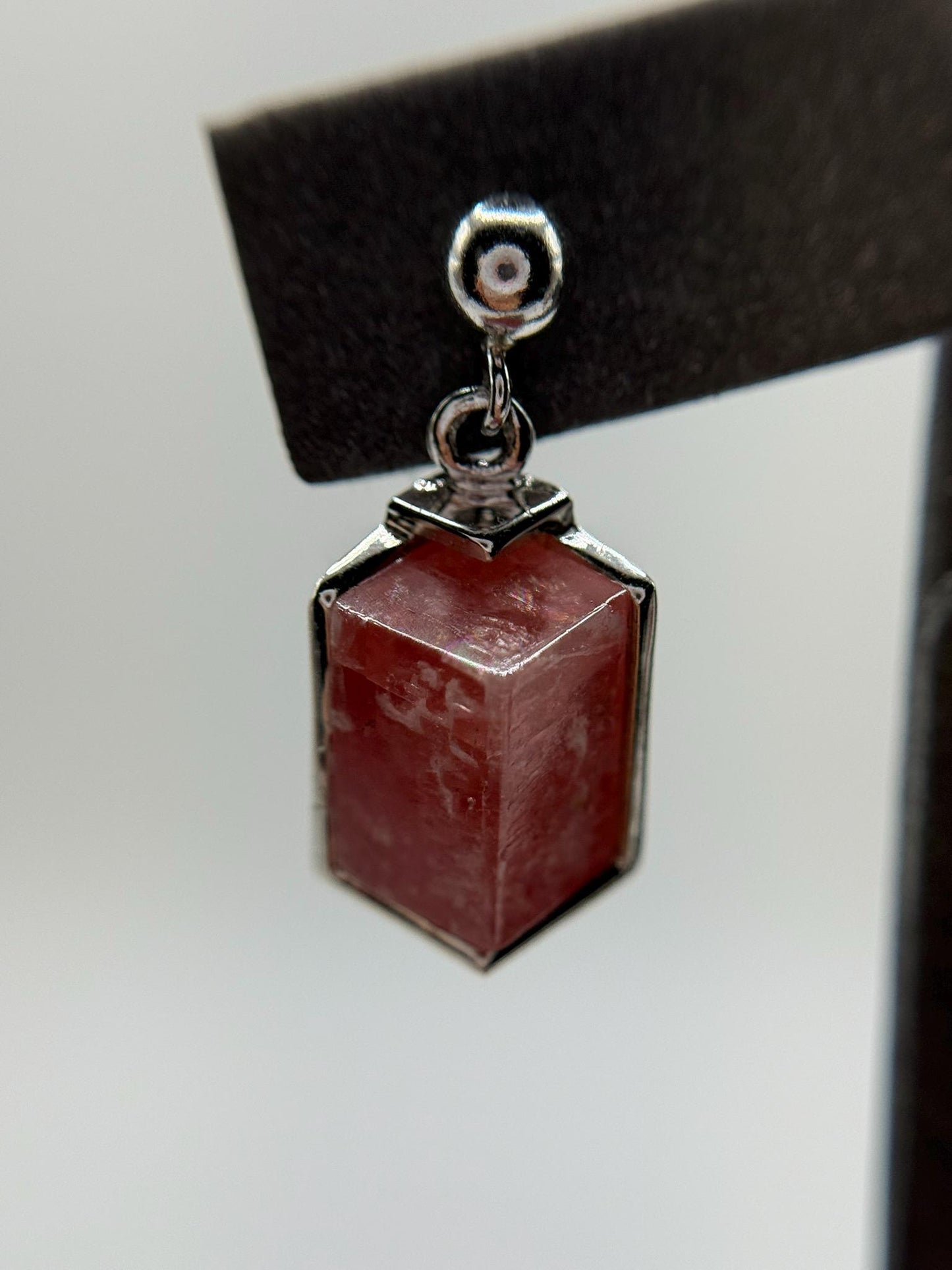 Natural Rhodochrosite Sterling Silver Drop Earrings | Pink Hexagon Crystal Earrings