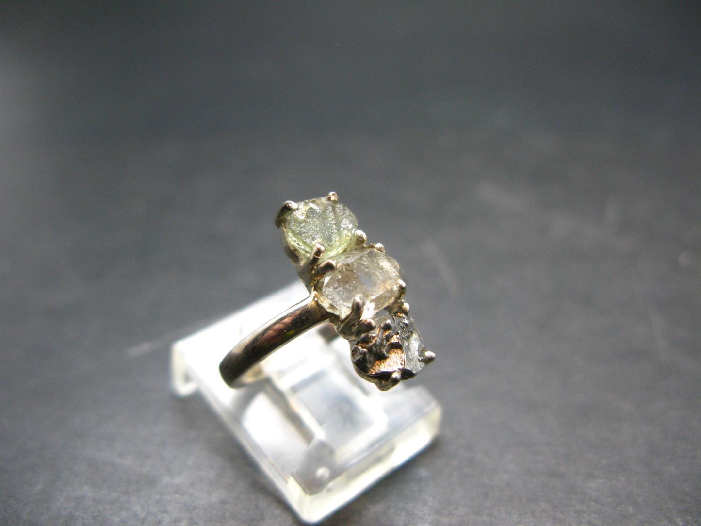 Moldavite Tektite, Meteorite and Herkimer Diamond Silver Ring - Size 5 - 2.45 Grams