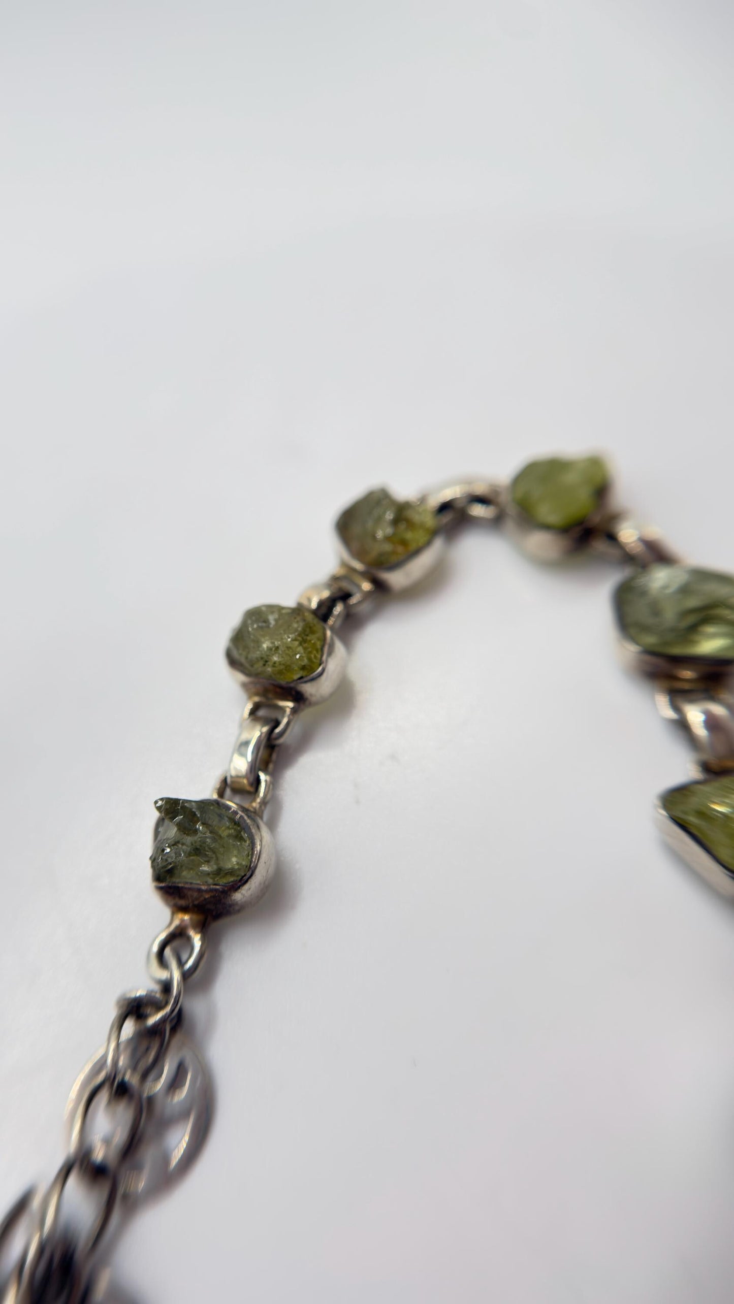 Chrysoberyl Raw Stone Bracelet Green Gemstone Silver Link Bracelet Natural Crystal Jewelry Gift