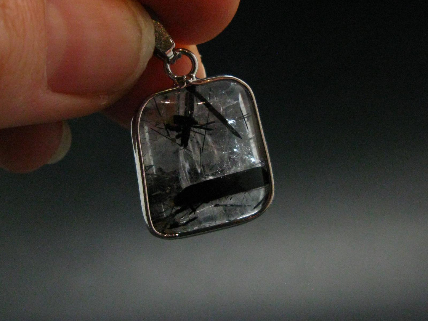 Large Tourmalinated Quartz Crystal Silver Plated Pendant From Brazil - 1.1" - 4.14 Grams