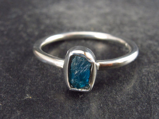 Natural Raw Gemmy Neon Blue Apatite Crystal Sterling Silver Ring From Brazil - Size 6