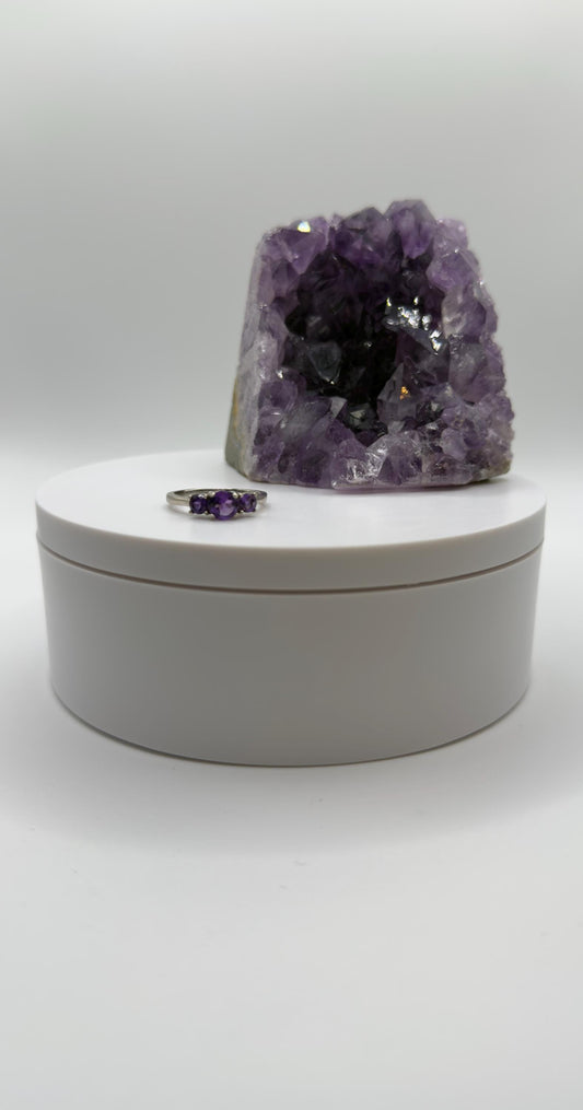Triple Amethyst Ring – Oval & Round Cut – Silver Split Band – Bold Elegant Design - Size 8
