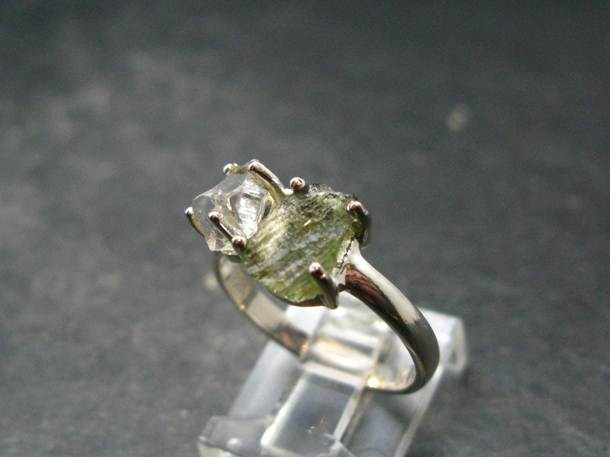 Moldavite Tektite and Herkimer Diamond Silver Ring - Size 8 - 2.80 Grams