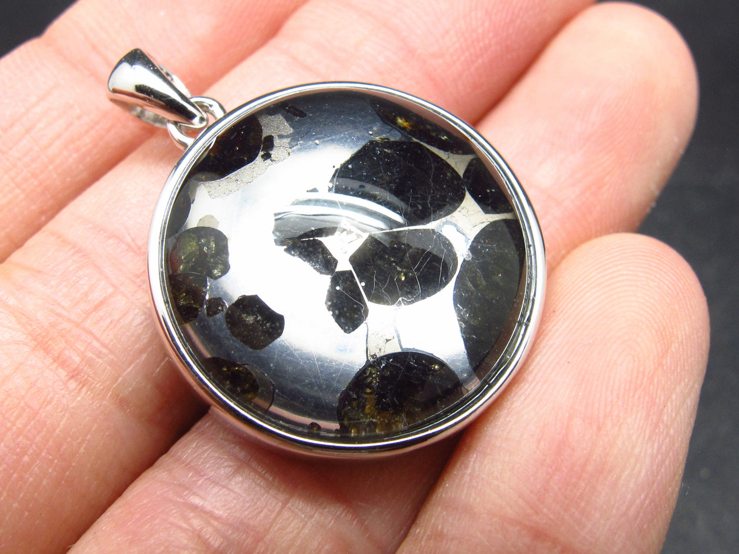 Rare Brahin Meteorite Slice With Olivine Pallasite Silver Pendant from Belarus - 1.2" - 7.5 Grams