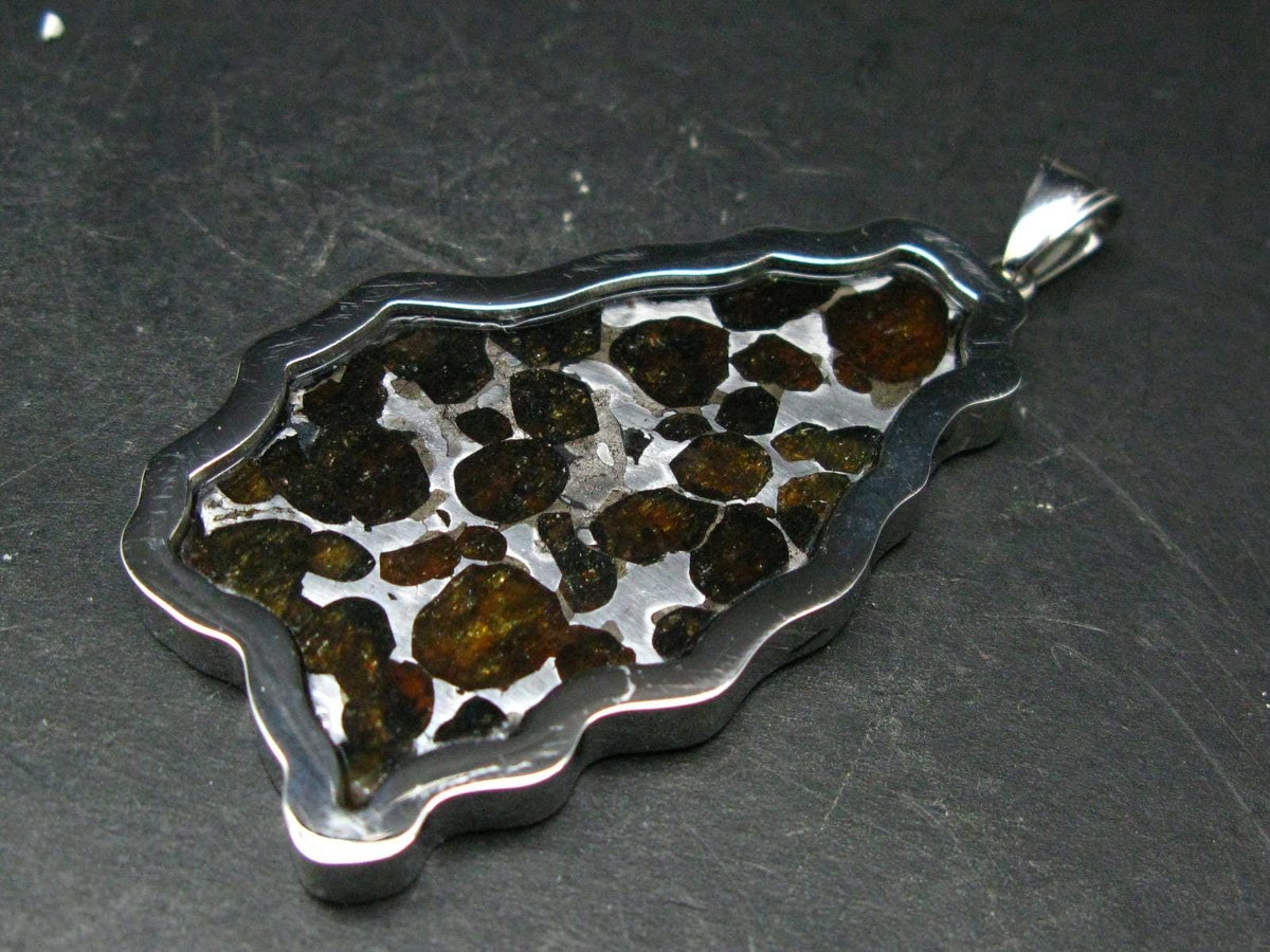 Brahin Meteorite Slice With Olivine Pallasite Pendant from Belarus - 1.4" - 21.54 Grams