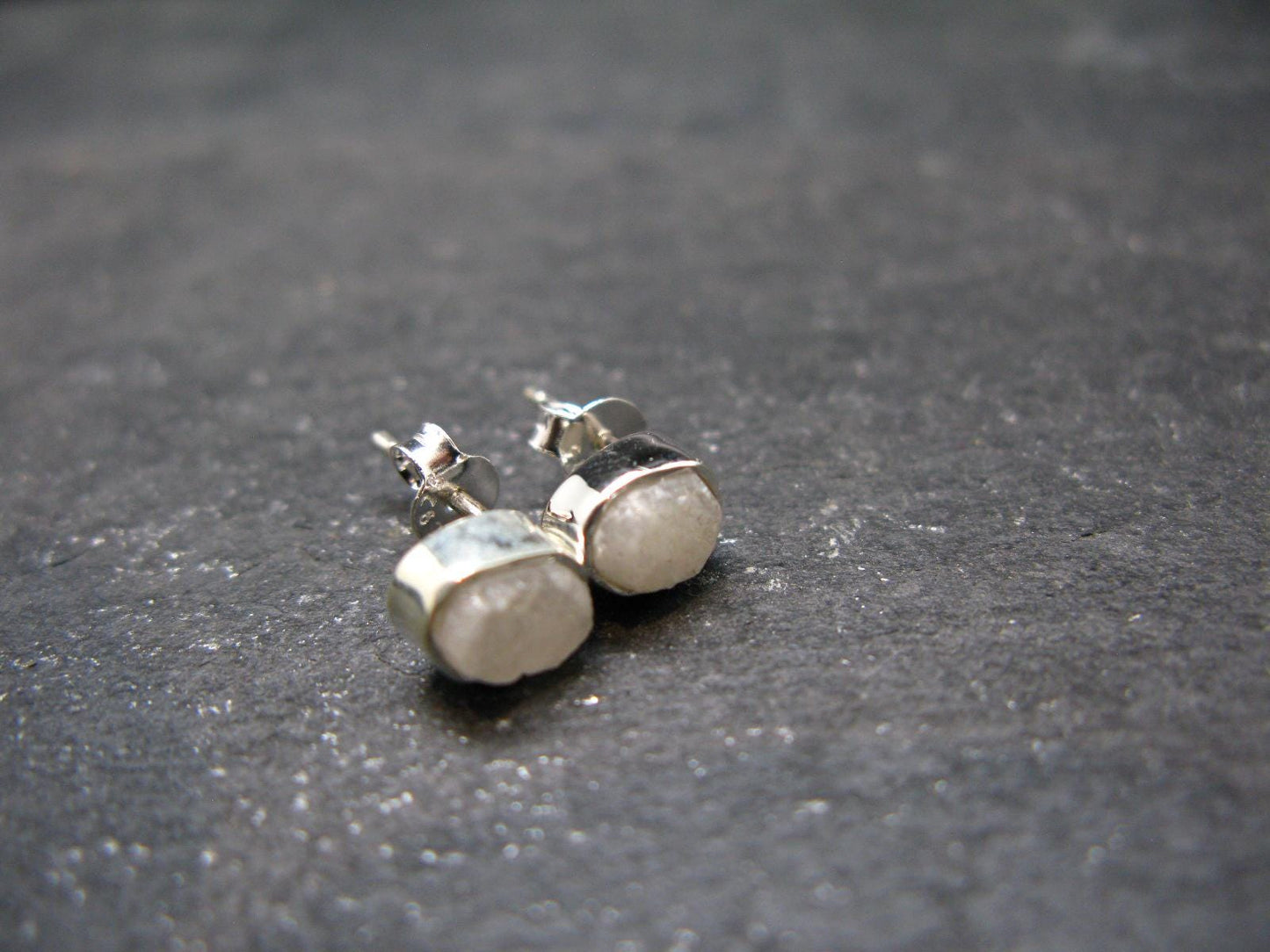 Very Rare White Cryolite 925 Silver Stud Earrings from Greenland - 0.6" - 1.42 Grams
