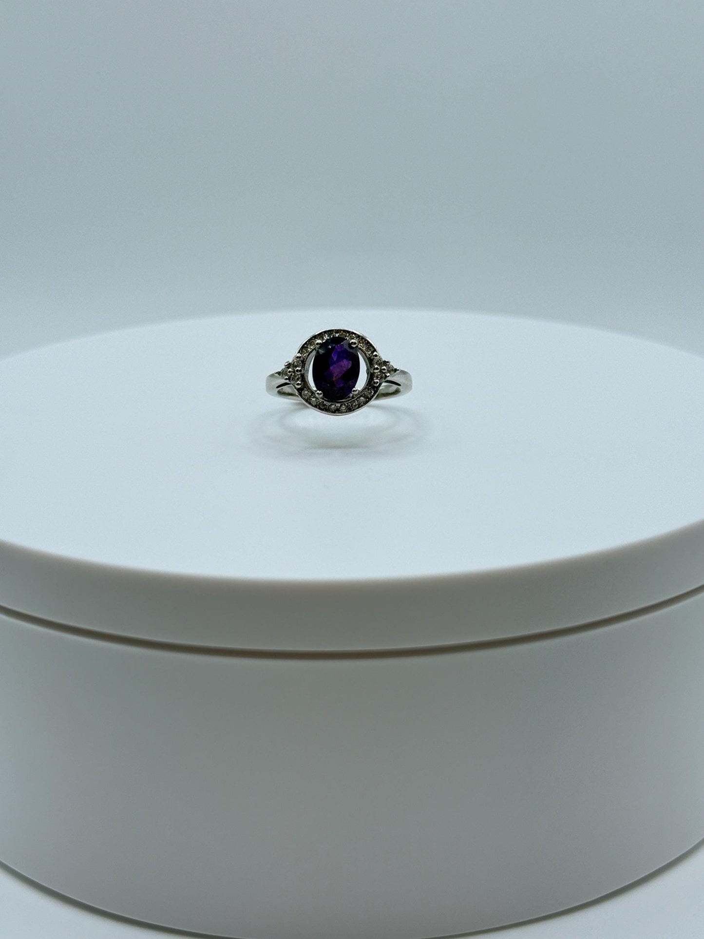 Amethyst Ring – Faceted Oval Cut – Silver Halo Design – Elegant Statement Ring - Size 6