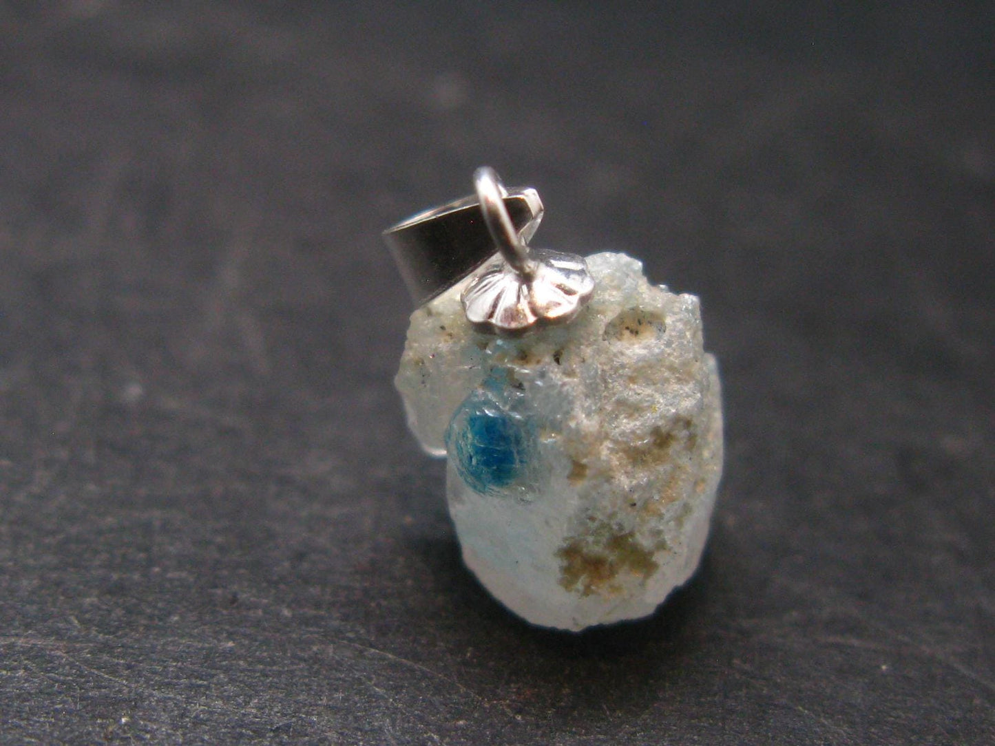 Rare Raw Blue Euclase Gem Crystal Silver Pendant from Zimbabwe - 0.6" - 1.45 Grams