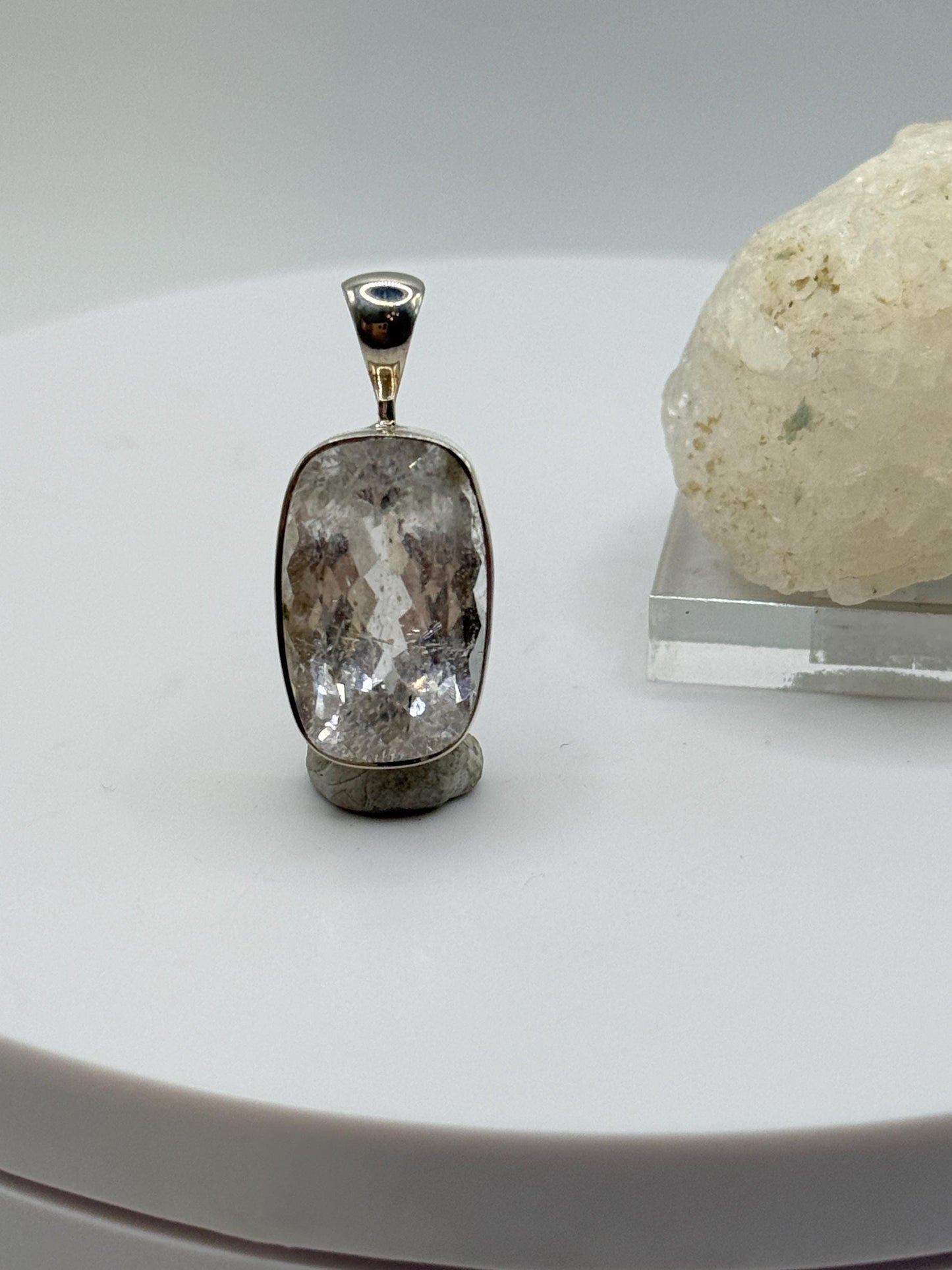 Natural Phenakite (Phenacite) Rectangular Faceted Pendant in Sterling Silver – Clear Crystal Necklace – 4.83 Grams