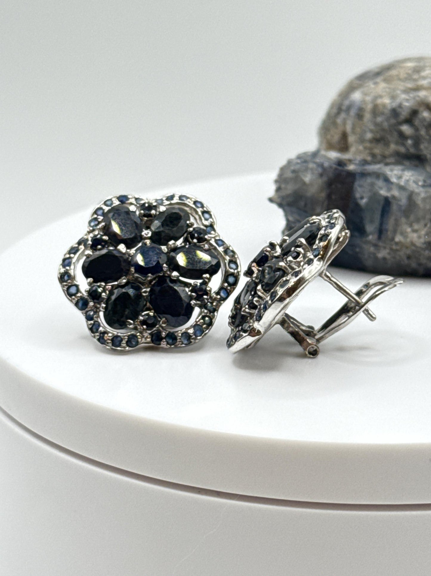 Floral Sapphire Earrings | Natural Blue Sapphire Jewelry | Sterling Silver Stud Earrings | September Birthstone Gift - Weight 15.58 Grams