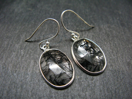 Large Tourmalinated Quartz Crystal Silver Earrings From Brazil - 1.4" - 3.62 Grams