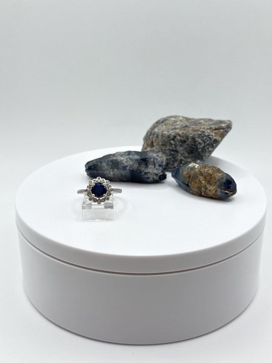 Blue Sapphire Halo Ring: Sterling Silver September Birthstone - Size 7
