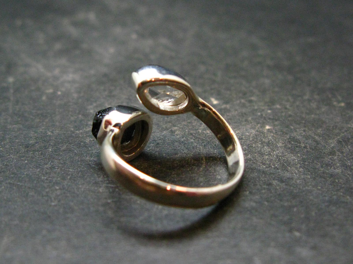 Black Tourmaline And Herkimer Diamond Silver Ring - Size 5 - 2.48 Grams