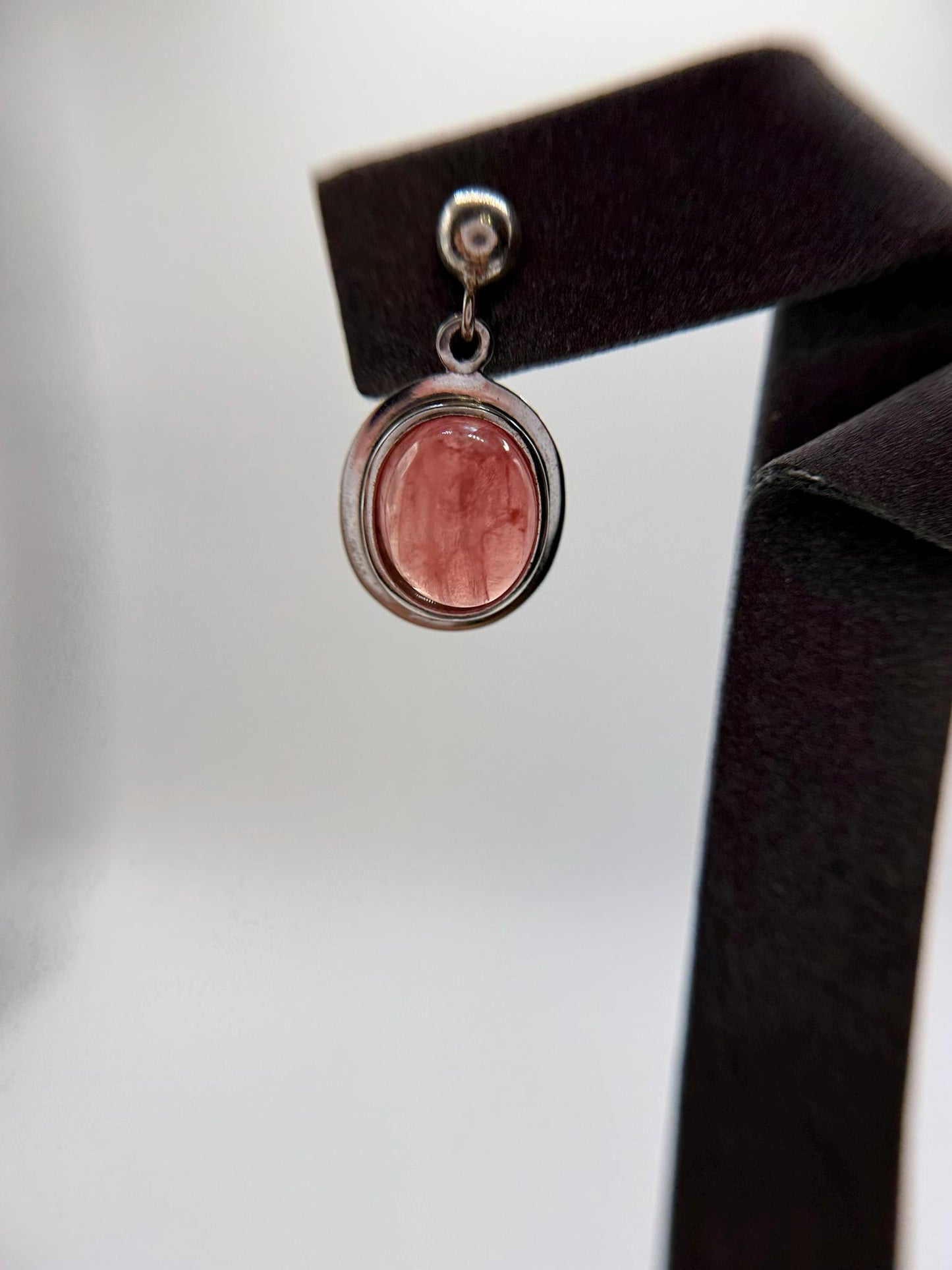 Natural Rhodochrosite Oval Drop Earrings in Sterling Silver | Pink Crystal Earrings