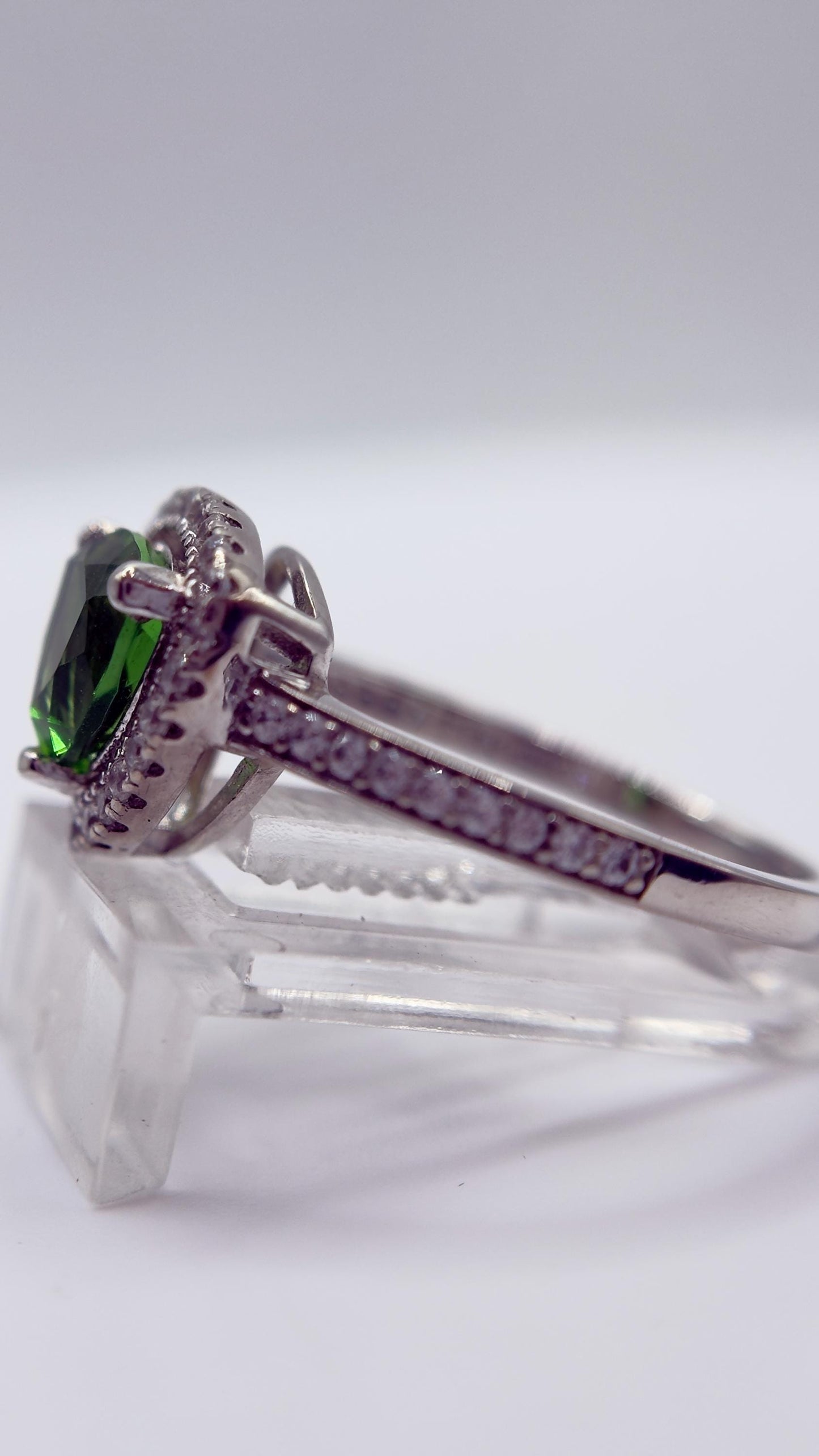 Green Helenite Trillion Halo Ring – Sterling Silver Gemstone Statement Ring