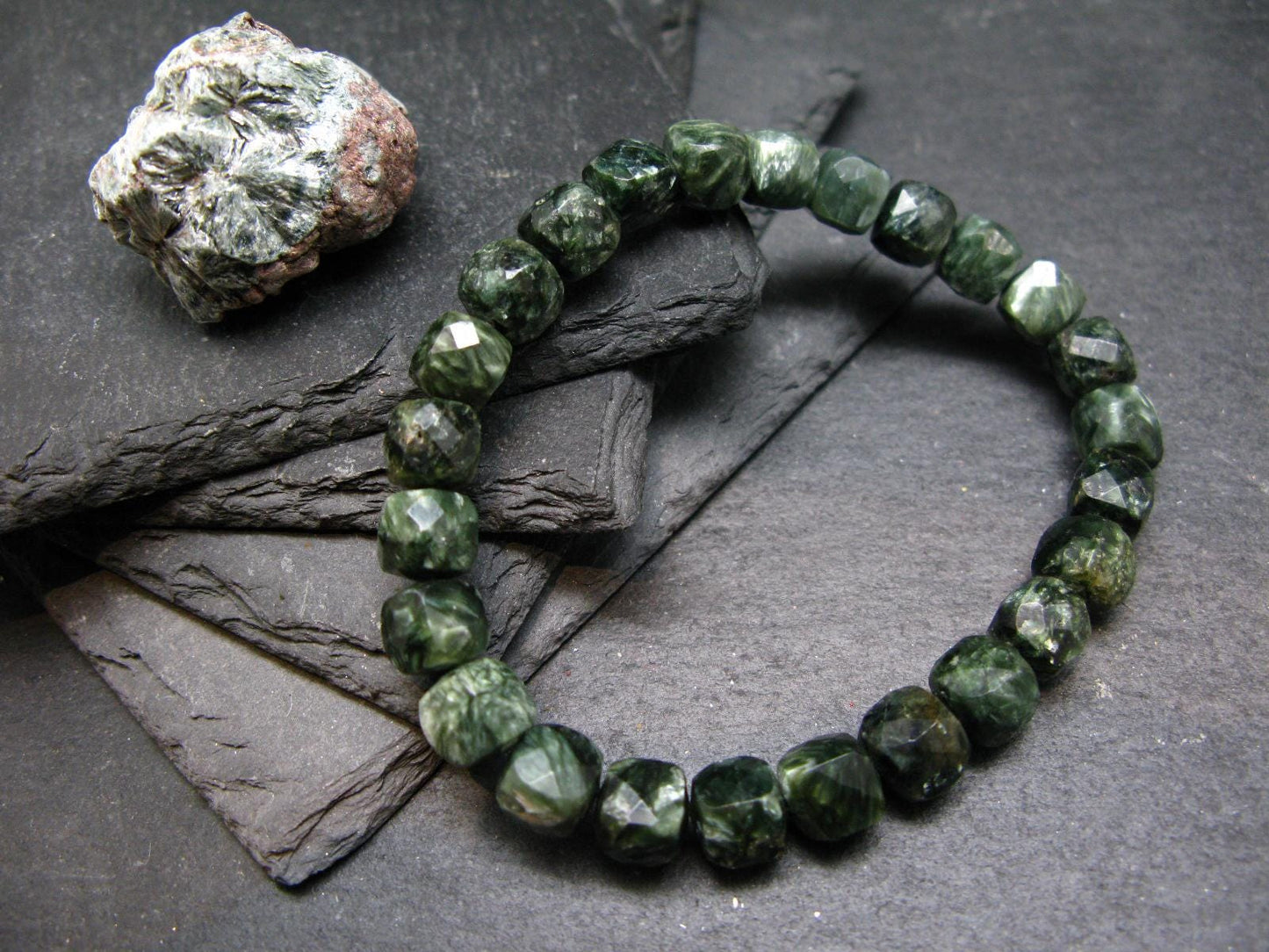 AAA Grade Seraphinite Clinochlore Genuine Bracelet ~ 7 Inches ~ 8mm Square Beads