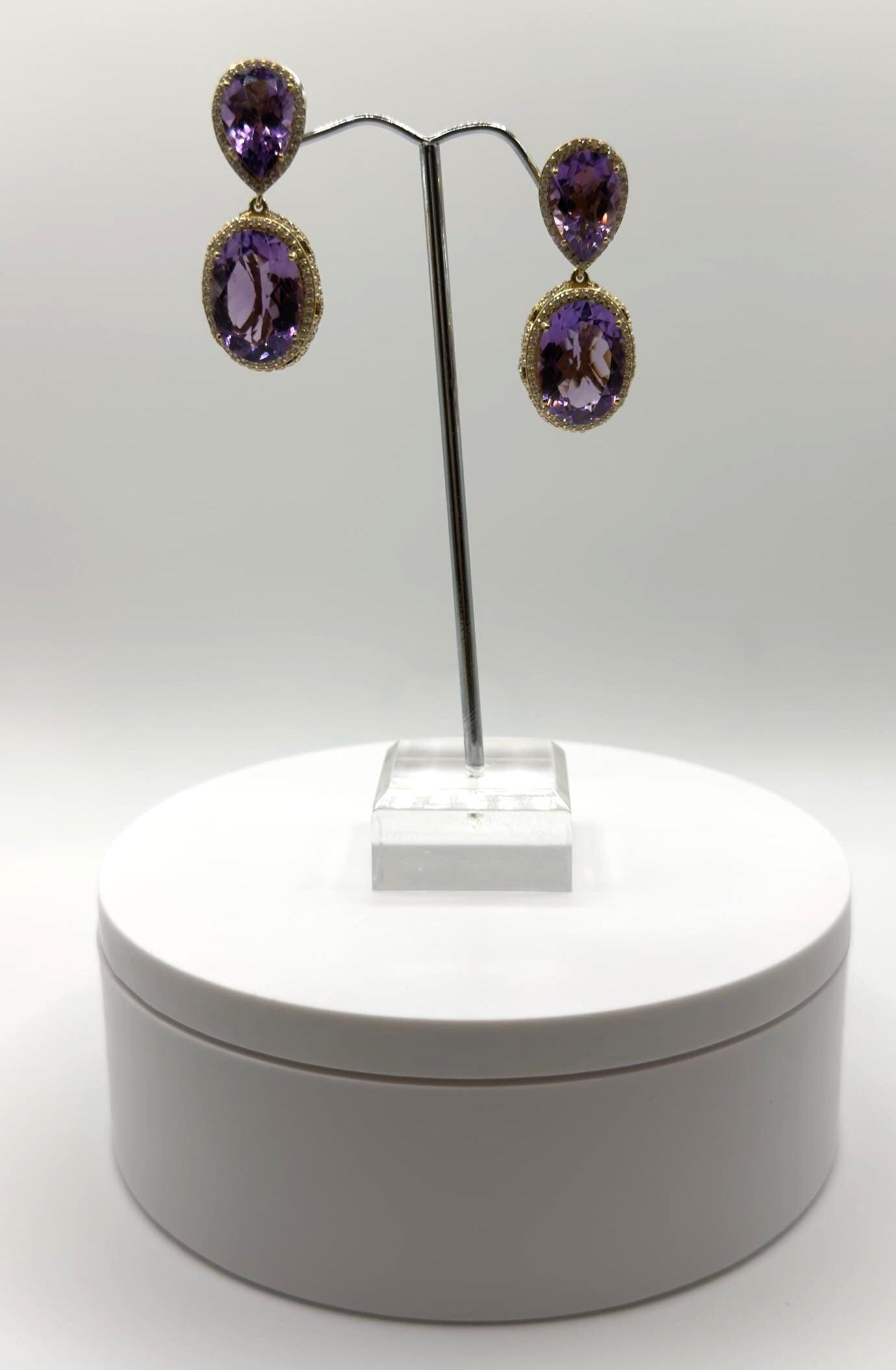 Bold Amethyst Statement Earrings – Double Drop Gold Plated with Pavé Halo - Weight 20.34 Grams