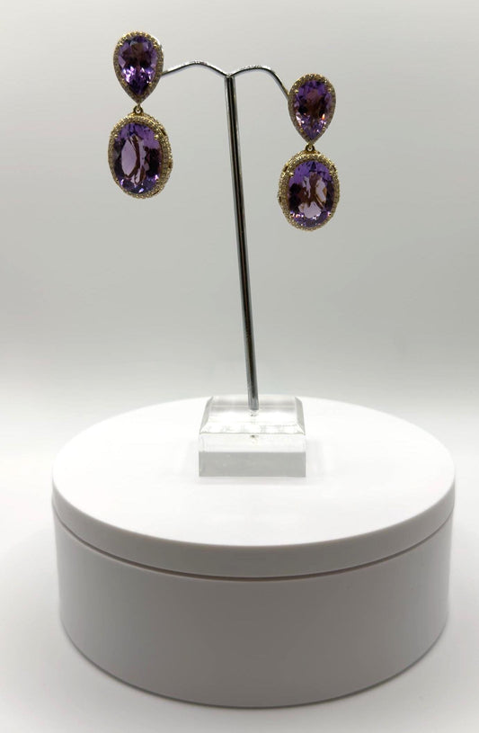 Bold Amethyst Statement Earrings – Double Drop Gold Plated with Pavé Halo - Weight 20.34 Grams