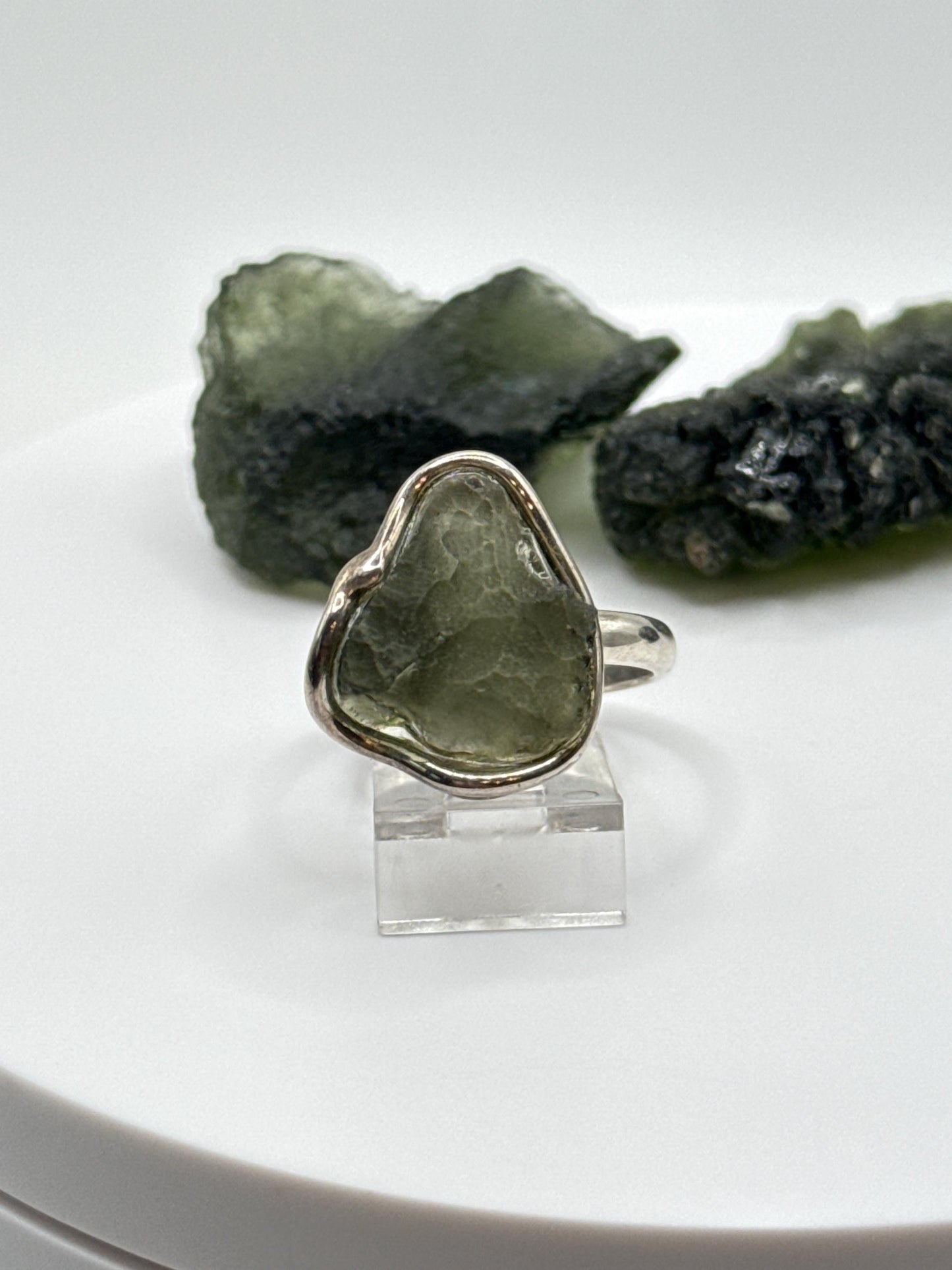 Elegant Raw Moldavite Ring in Sterling Silver – Cosmic Green Beauty - Size 8.5