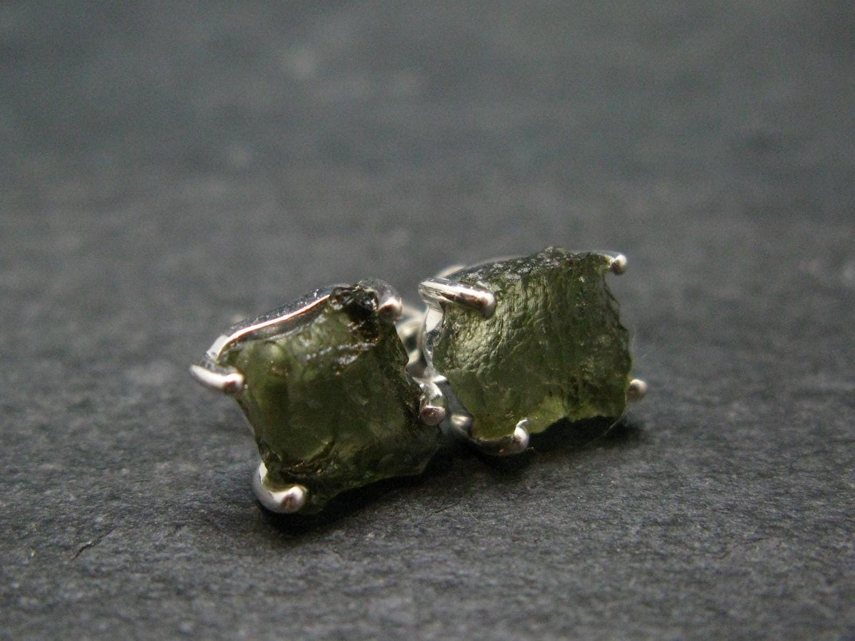 Natural Moldavite Tektite Raw Stud Earrings In Sterling Silver From Czech Republic - 1.56 Grams