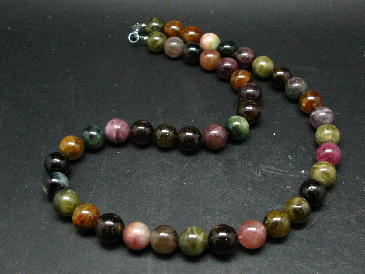 Watermelon Tourmaline Crystal Silver Necklace from Brazil - 21" - 114 Grams - 12mm Round Beads