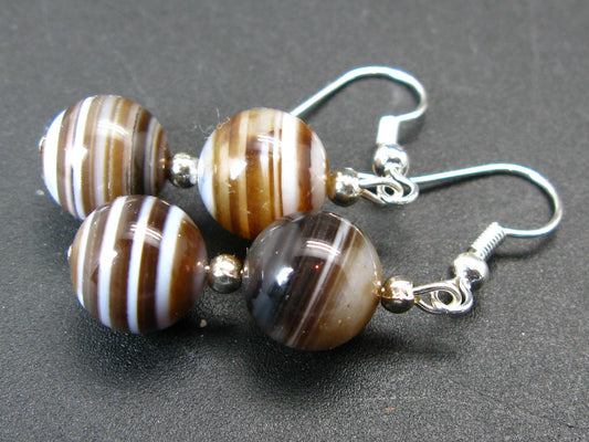 Natural Horizontal Banding Brown Agate Round Beads Dangle Shepherd Hook Earrings