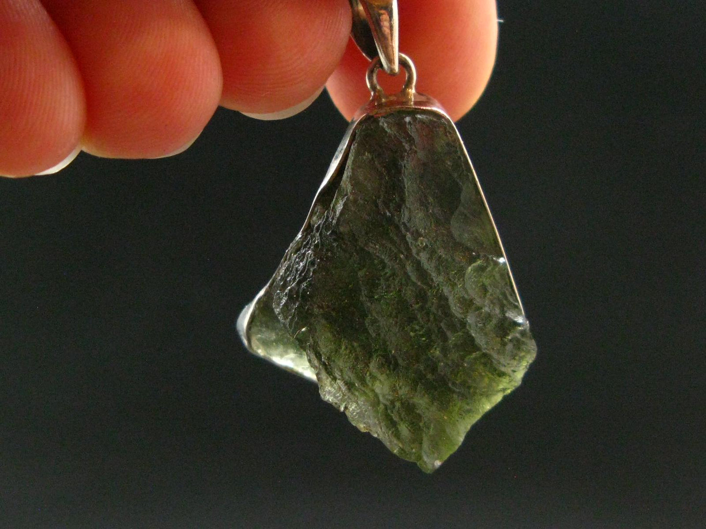 Moldavite Tektite Silver Clover Pendant from Czech Republic - 1.4" - 6.66 Grams