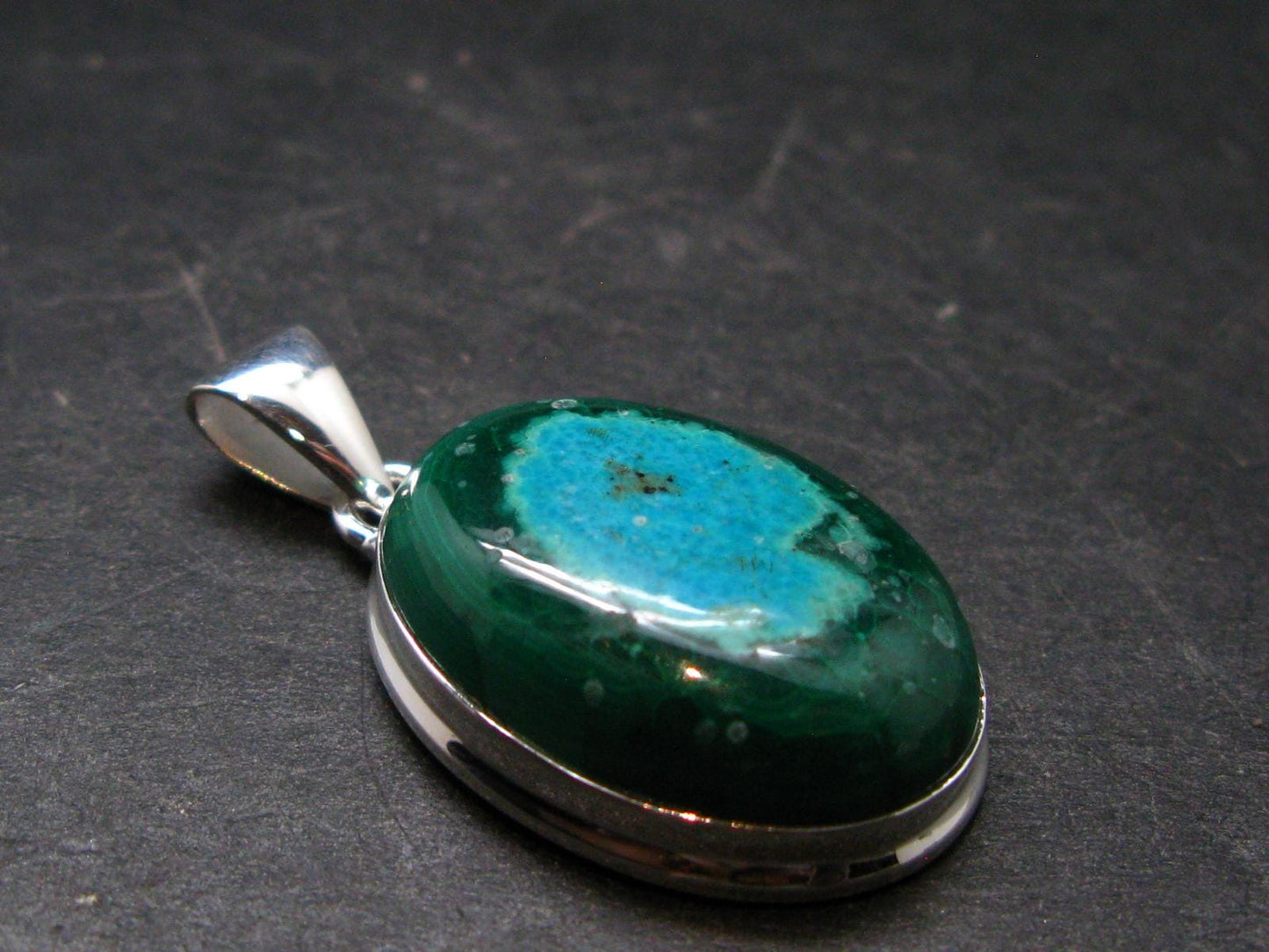 Malachite And Chrysocola Silver Plated Pendant from Congo - 1.4" - 9.49 Grams